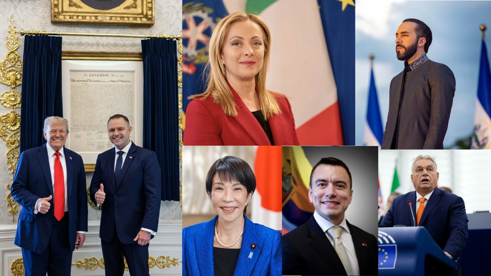 Collage of international political leaders, including Donald Trump, Giorgia Meloni, and others, showcasing diverse global representation and diplomatic engagement.