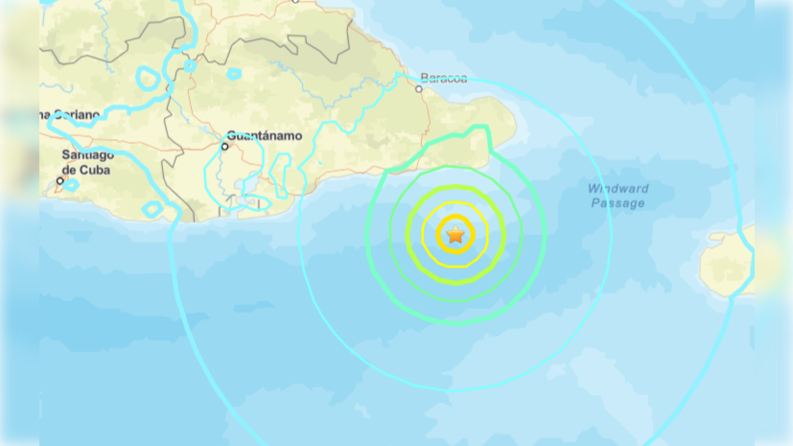 Map showing an earthquake's epicenter in the Caribbean Sea near Guantanamo, Cuba, with concentric circles indicating the magnitude and impact radius.