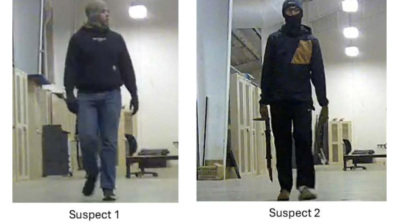 Surveillance image showing two suspects walking in a dimly lit indoor space, one holding an object resembling a weapon.