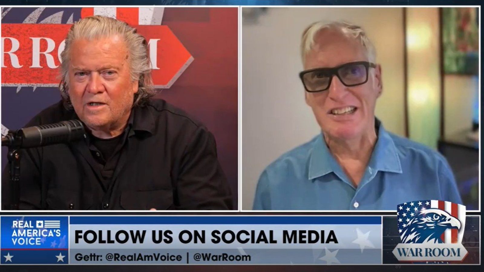 Steve Bannon and a guest discuss current events on the War Room show, featuring a backdrop with social media handles and a patriotic theme.