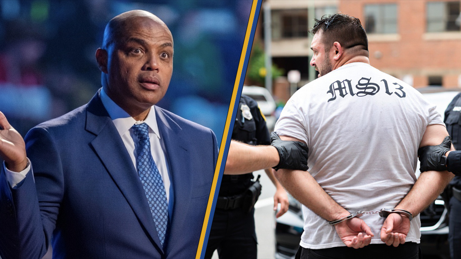 Image depicting a surprised man in a suit alongside a handcuffed individual wearing an MS-13 shirt, surrounded by police officers, highlighting themes of crime and public reaction.