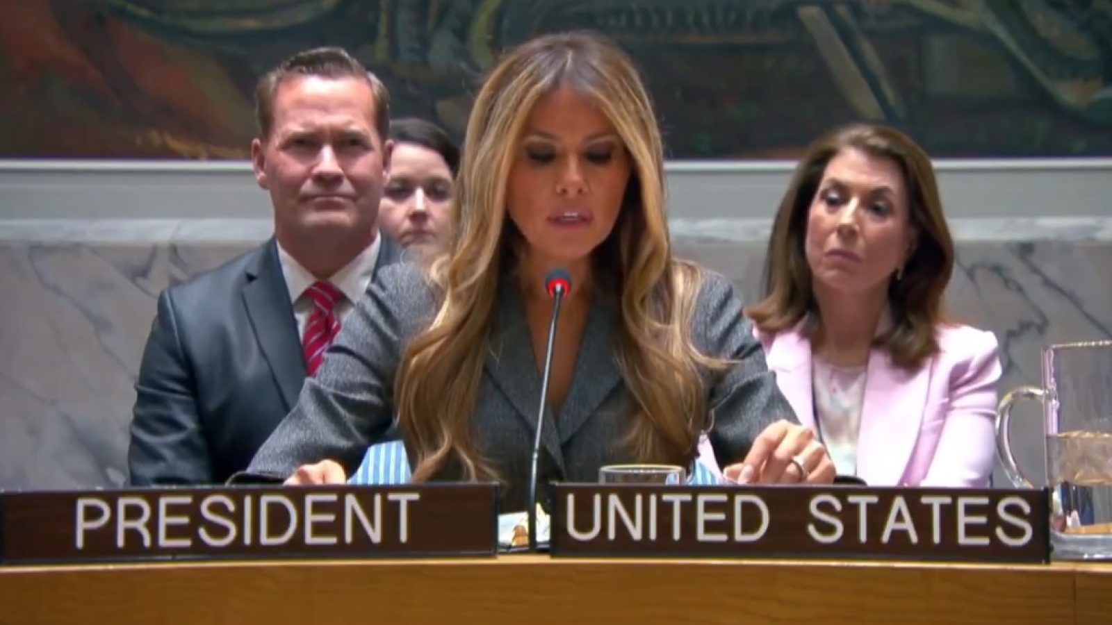 U.S. President speaking at a United Nations Security Council meeting with officials in attendance, highlighting diplomatic discussions and international relations.