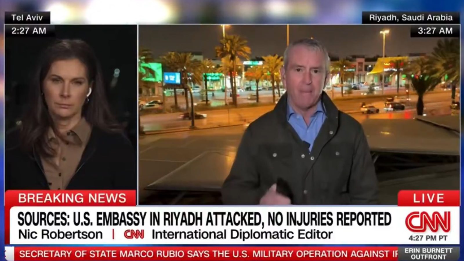 CNN news broadcast featuring Nic Robertson reporting on an attack at the U.S. Embassy in Riyadh, Saudi Arabia, with no reported injuries.