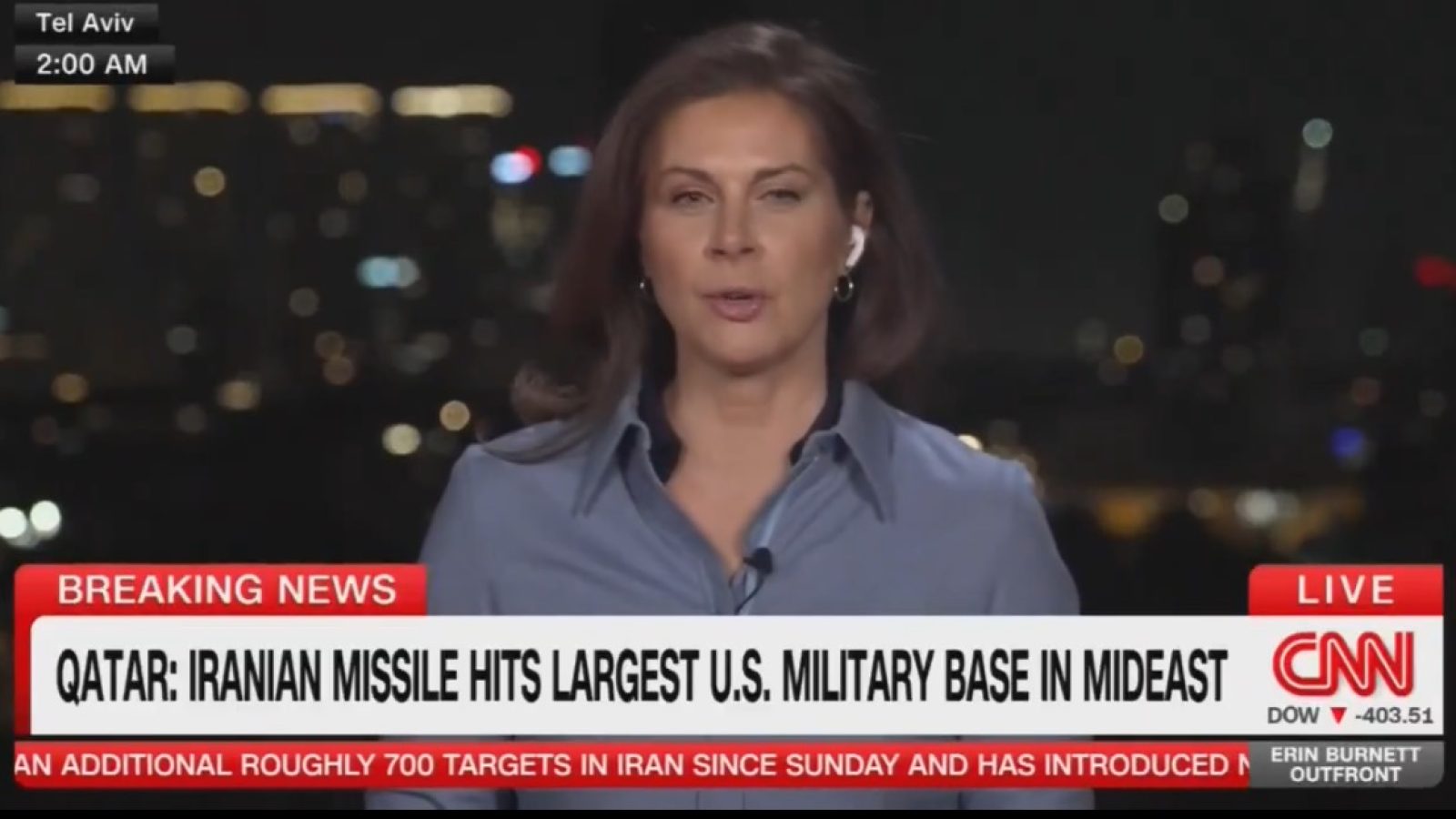 News anchor reporting live from Tel Aviv on the Iranian missile strike at the largest U.S. military base in the Middle East.