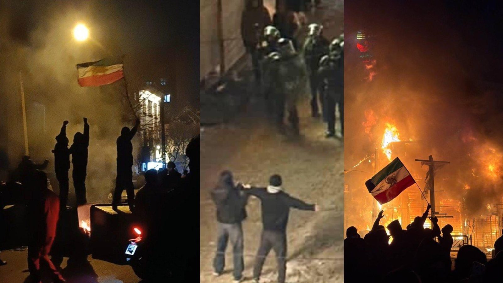 Protesters holding flags amid smoke and flames, capturing moments of civil unrest and demonstrations against authority in a nighttime setting.