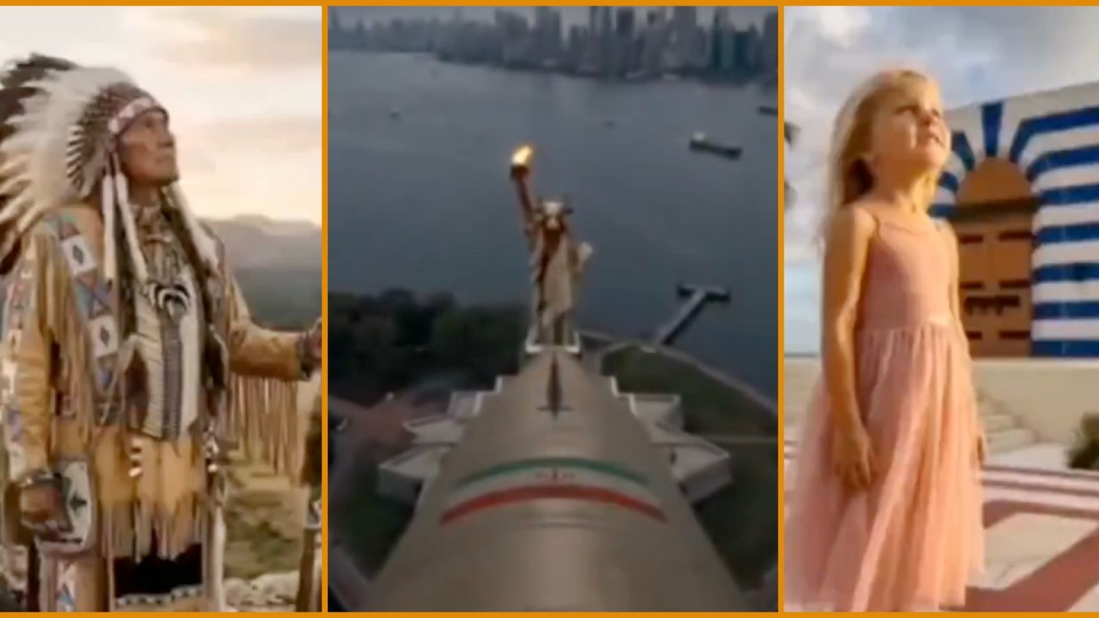 Diverse scenes featuring a Native American man in traditional attire, the Statue of Liberty, and a child in a pink dress against a colorful backdrop.