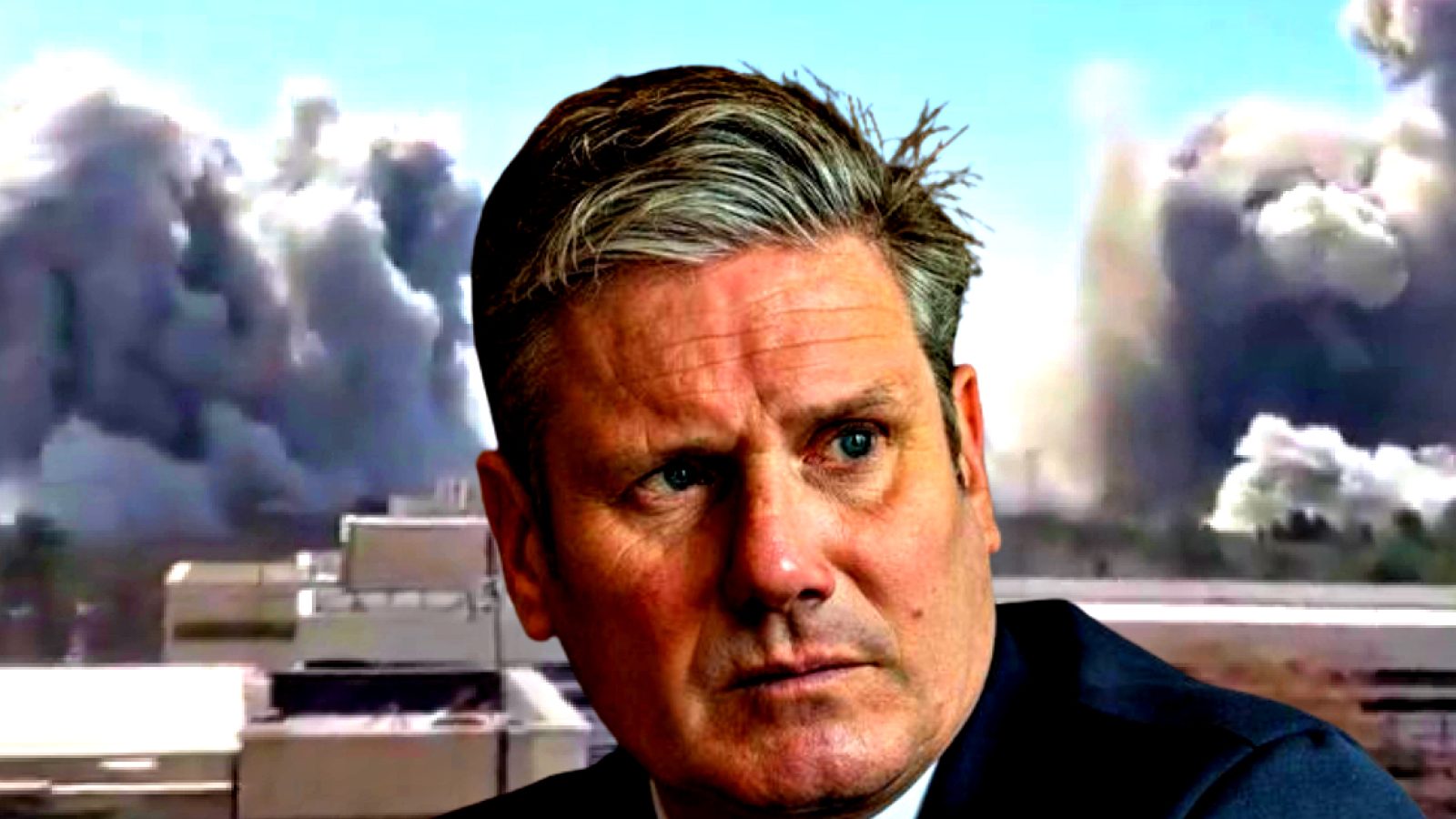 Serious expression of a man in a suit with a smoky background, suggesting a dramatic event or crisis.