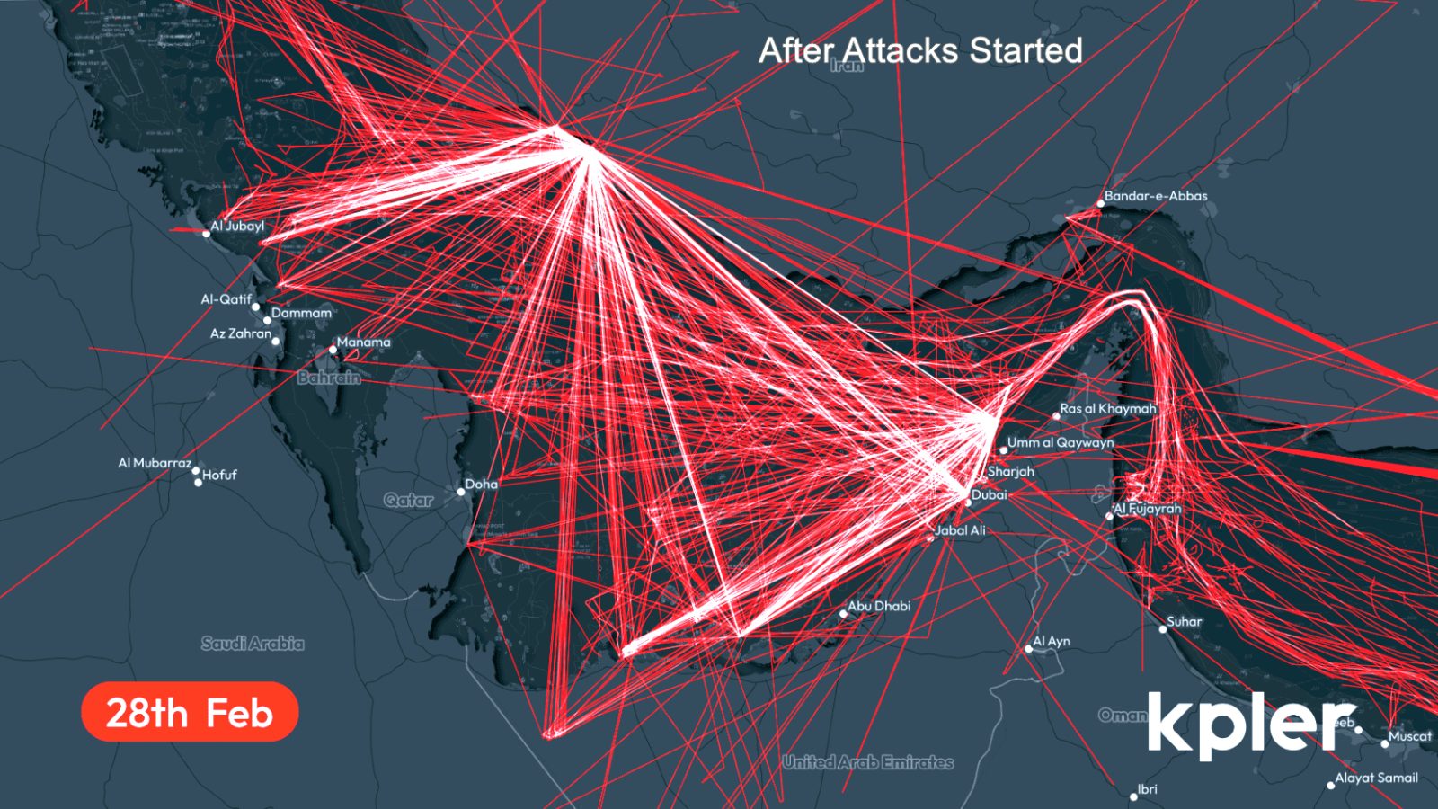Map showing shipping routes in the Middle East after attacks began on February 28, highlighting significant maritime activity and trade patterns.