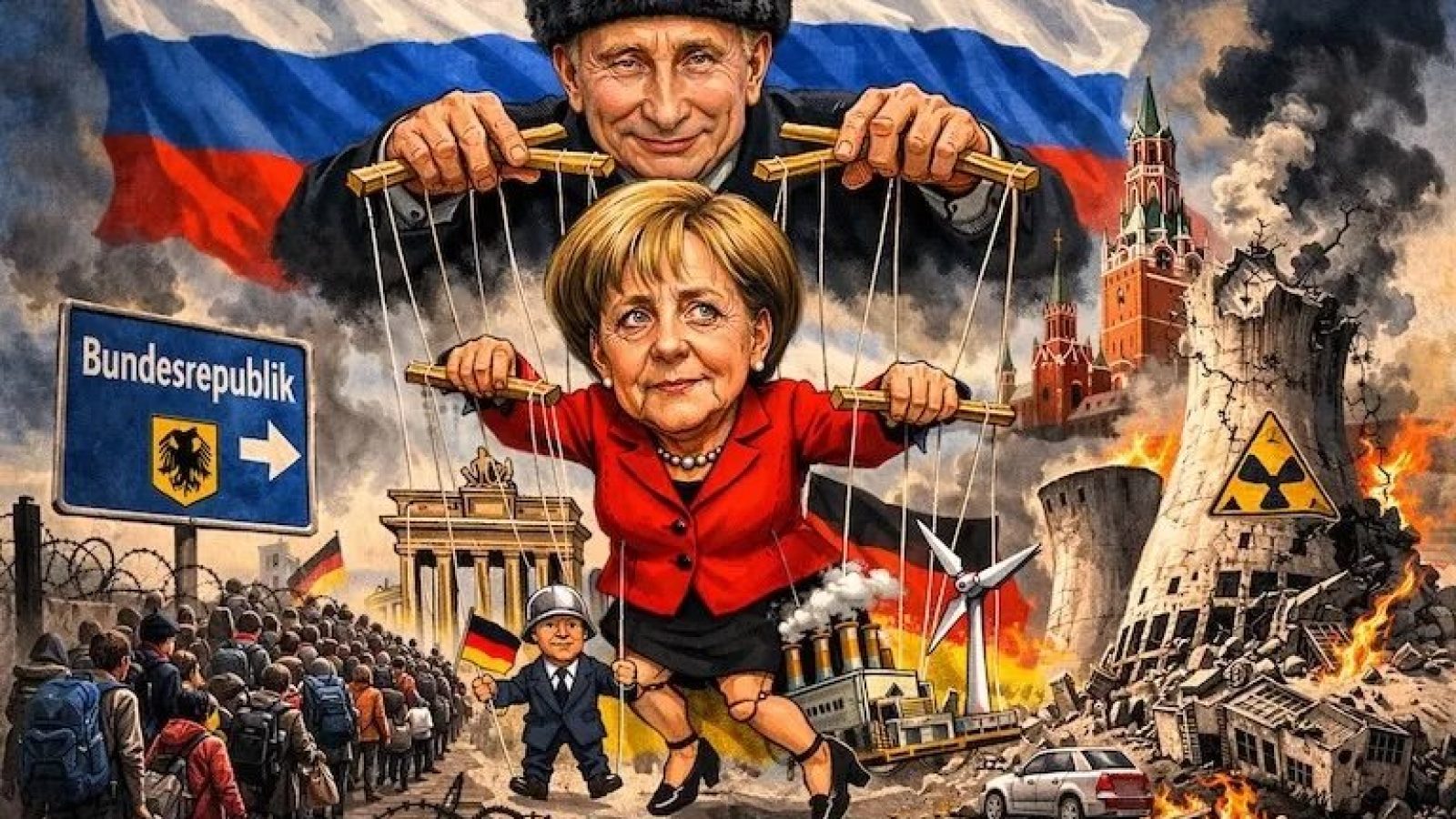 Political satire illustration depicting Vladimir Putin controlling Angela Merkel as a puppet, with symbolic elements representing Germany and Russia amidst a chaotic backdrop.