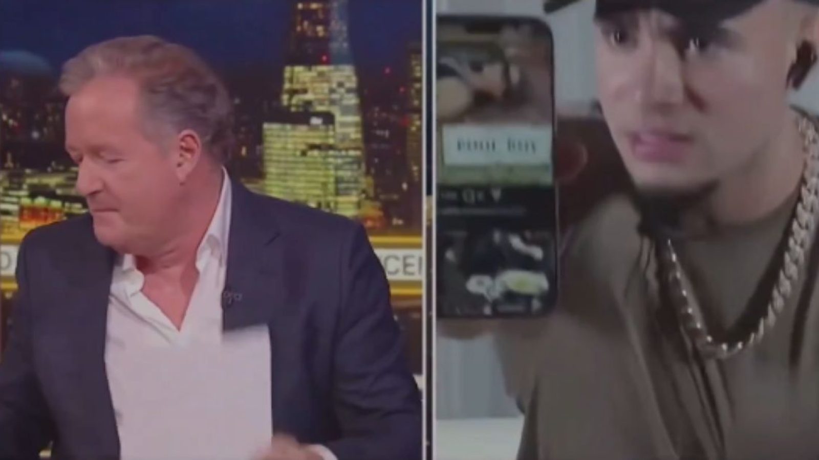 Piers Morgan reacts to a guest showing content on a smartphone during a live broadcast, highlighting a tense discussion.