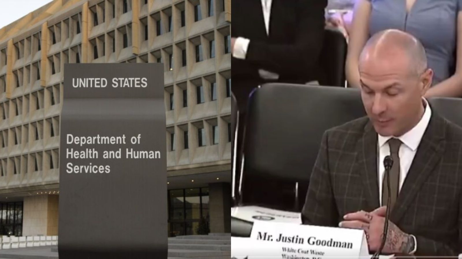 Mr. Justin Goodman testifies before the U.S. Department of Health and Human Services regarding animal welfare and research ethics in a congressional hearing.