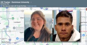 Image showing two individuals alongside a map labeled ICE Tracker - Dominican University, highlighting a location related to the university.