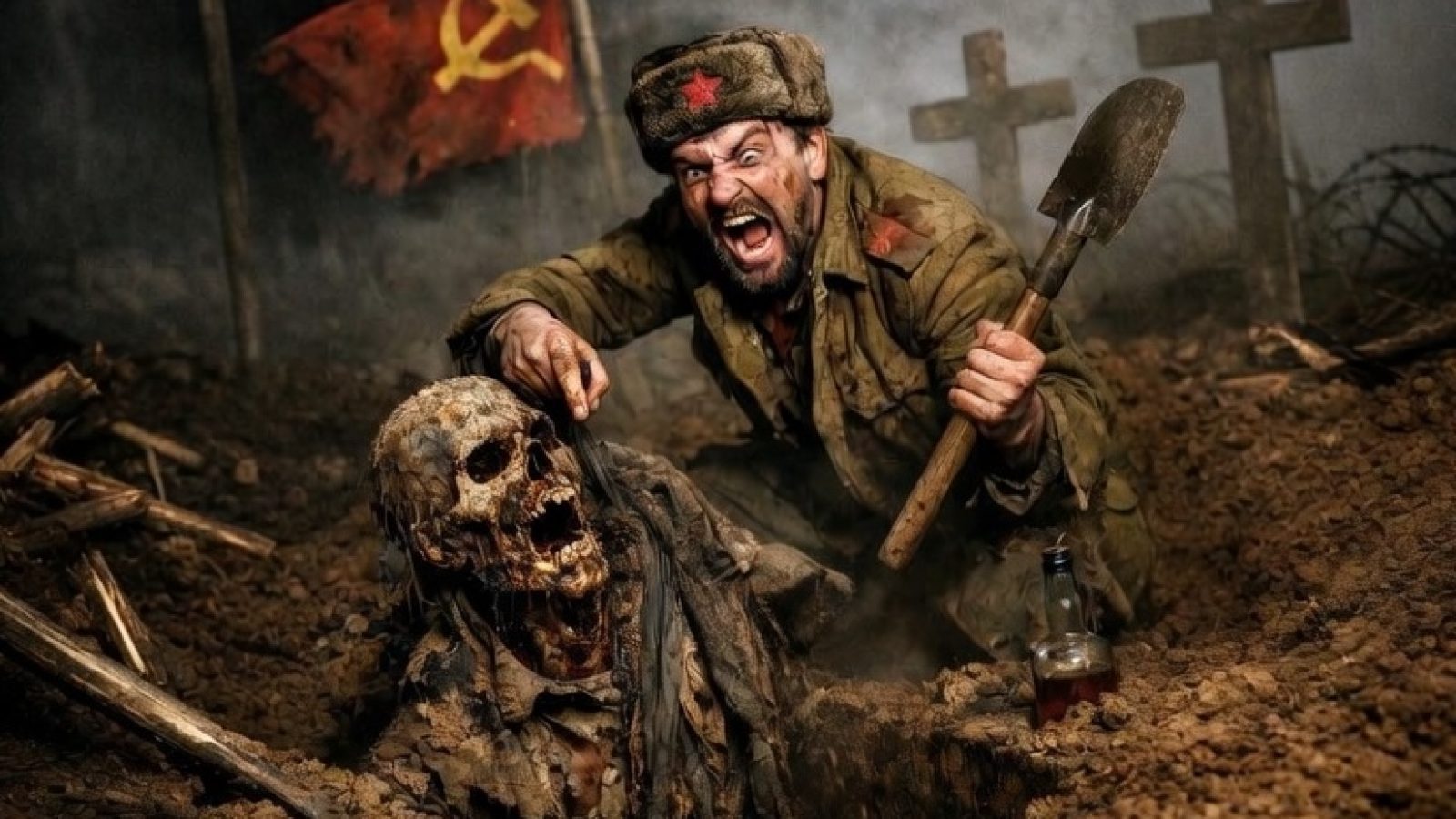 A soldier in a Soviet uniform exhuming a skeleton in a war-torn setting, with a Soviet flag and grave markers in the background.