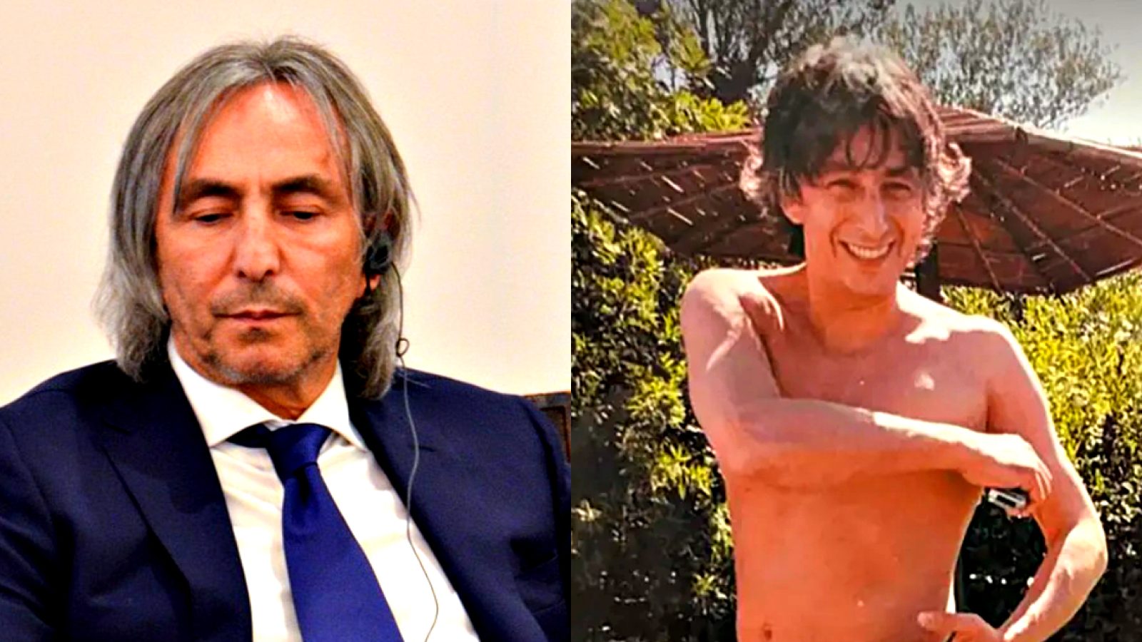 Two contrasting images of a man: one serious and dressed in a suit, the other youthful and smiling shirtless outdoors.