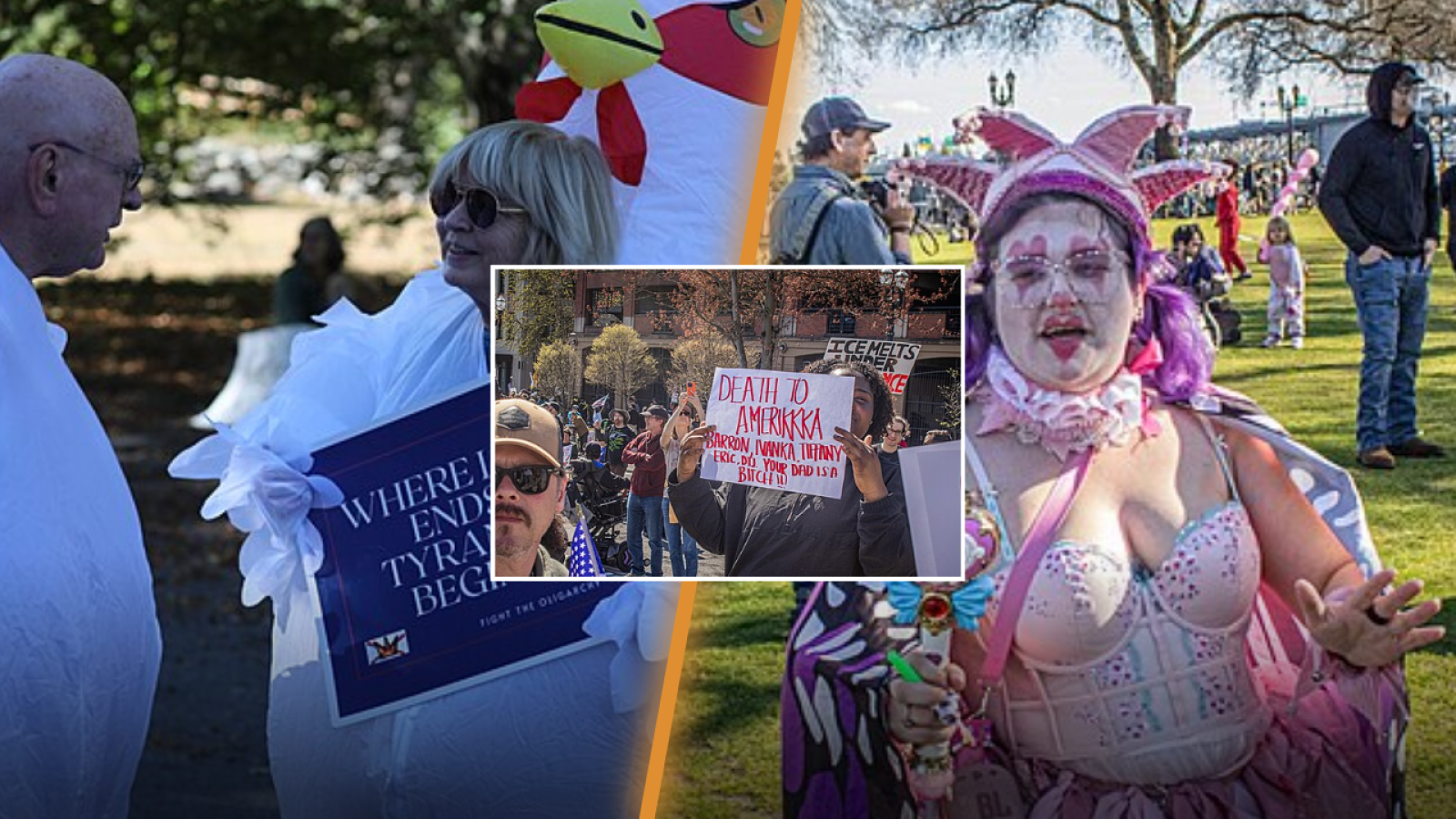 Diverse protesters gather at a rally, featuring unique costumes and signs expressing various political messages in a public park setting.