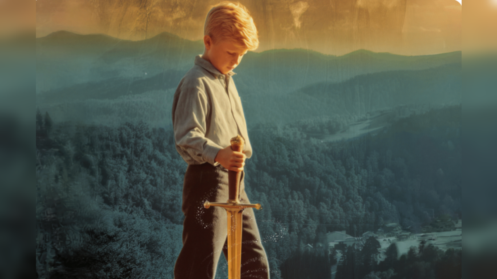 A young boy stands in a mountainous landscape, holding a sword with a contemplative expression, symbolizing adventure and courage.