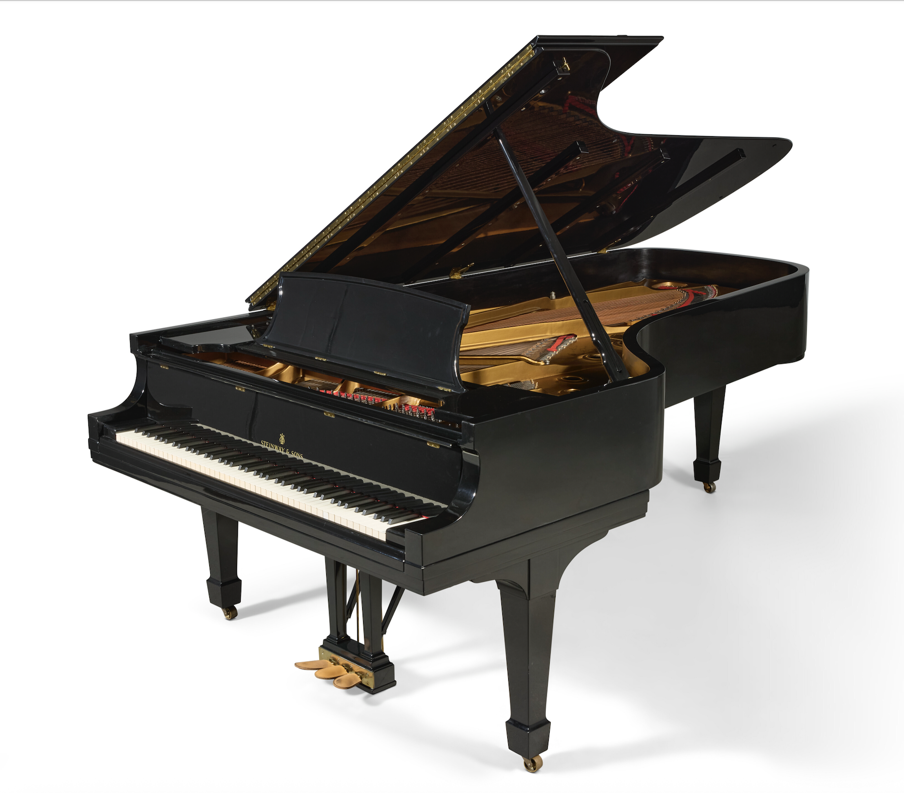 Elegant black grand piano with an open lid, showcasing polished keys and a beautifully crafted interior, perfect for music enthusiasts and performers.