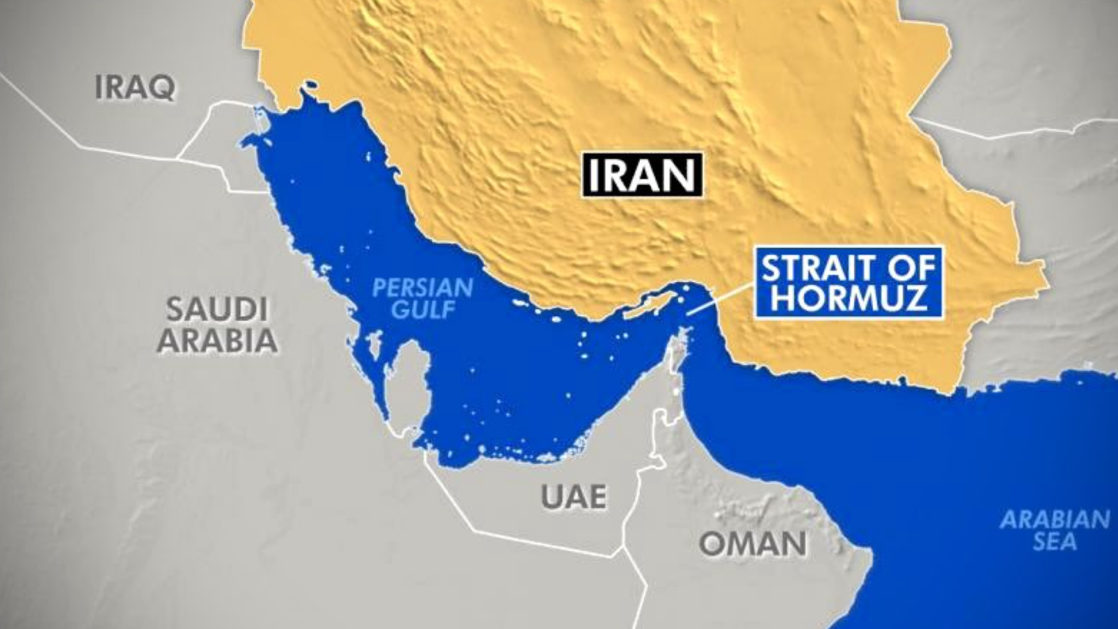Map highlighting the Strait of Hormuz, bordered by Iran, Iraq, Saudi Arabia, UAE, and Oman, showcasing its strategic location in the Persian Gulf.