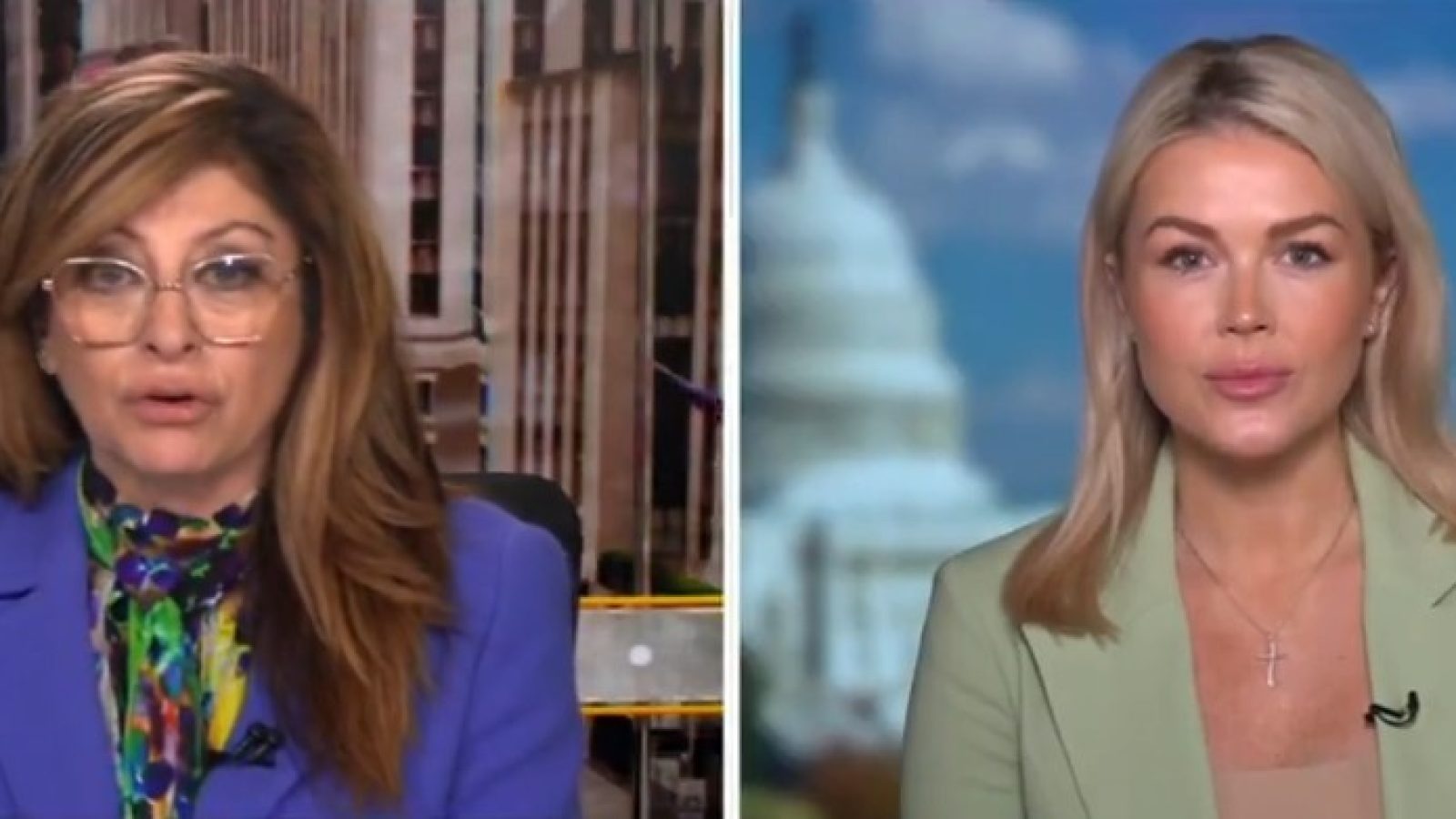 Two female news anchors discussing current events, with a backdrop of American flags and the U.S. Capitol building visible behind one of them.