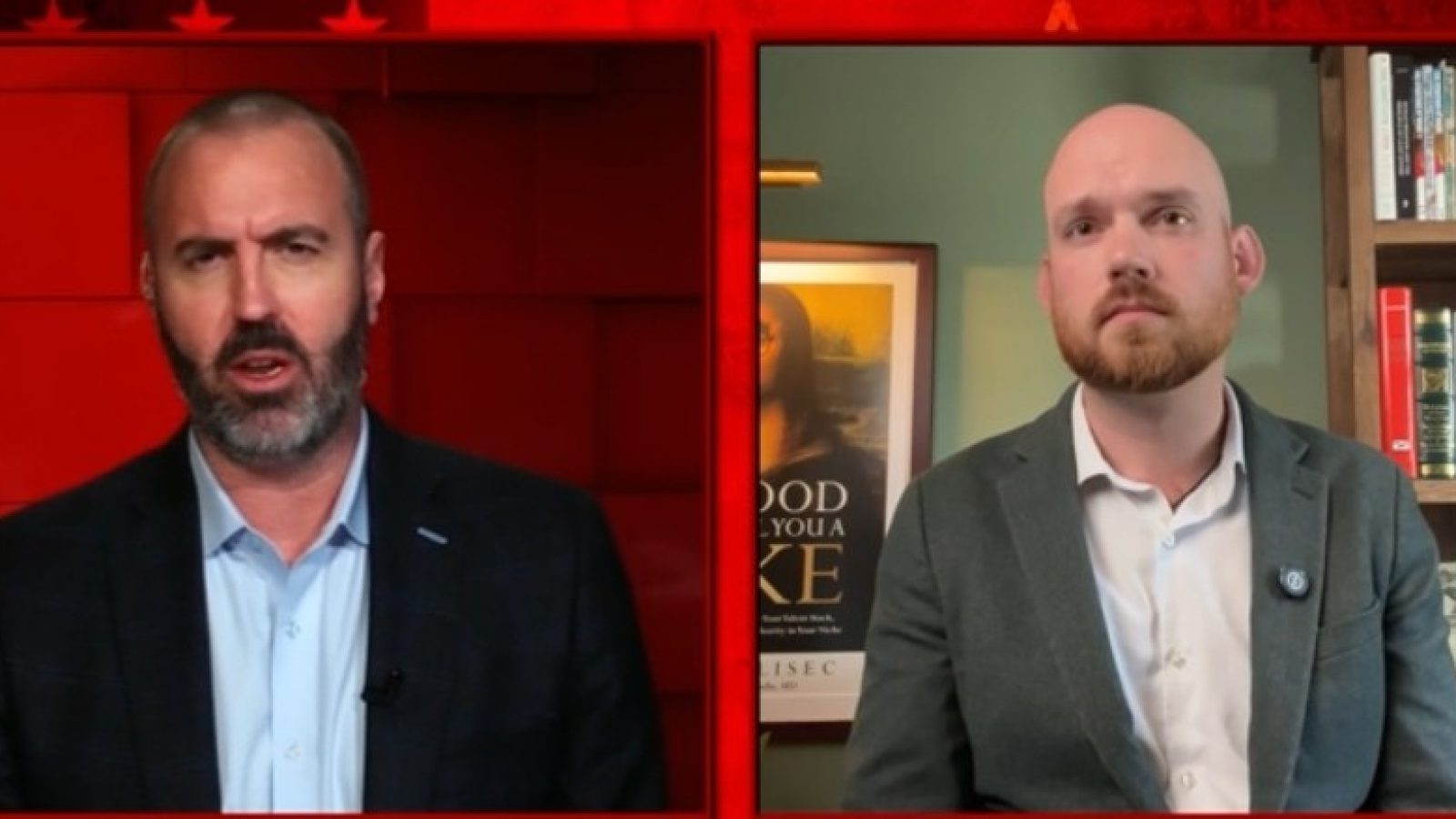 Two men in professional attire engage in discussion on a split-screen format, with bookshelves and a framed poster in the background.