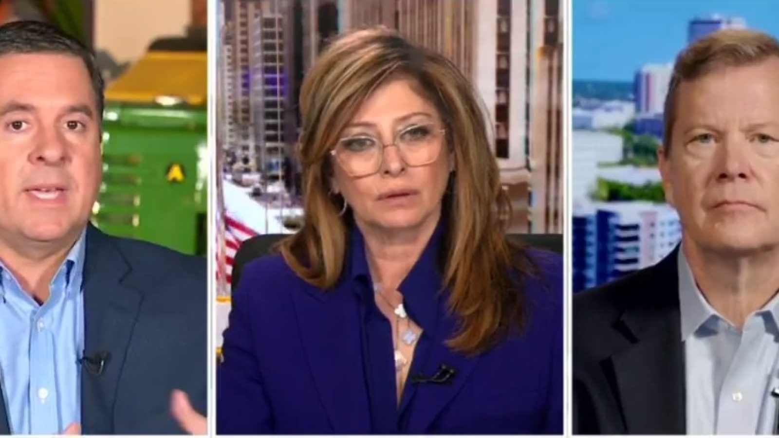Three news commentators engaged in discussion on a broadcast, featuring a backdrop of urban and agricultural settings.
