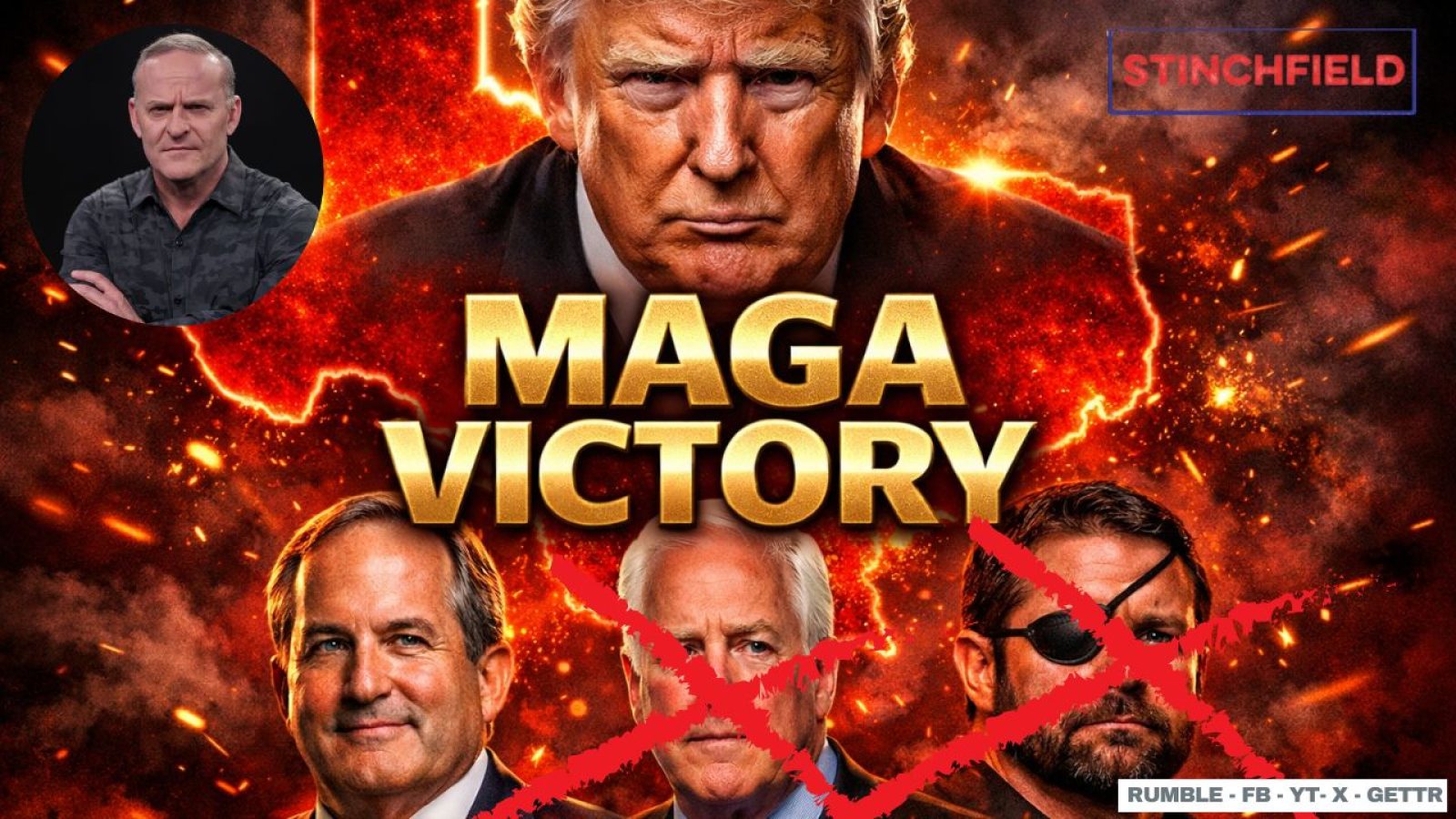Graphic featuring Donald Trump with the text "MAGA Victory," surrounded by fiery visuals and crossed-out images of other figures, emphasizing a political theme.