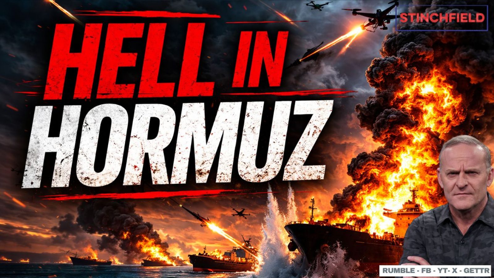 Dramatic scene depicting conflict in the Strait of Hormuz with explosions, military aircraft, and ships, highlighting geopolitical tensions and maritime security issues.