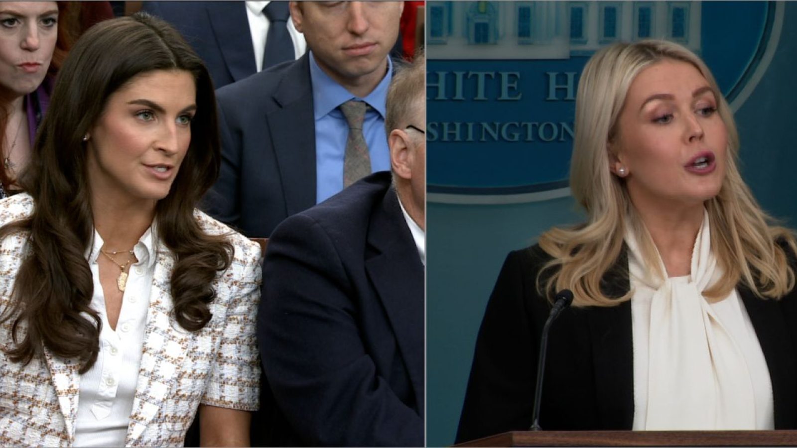 Two women in a press conference setting, one asking questions while the other speaks at the podium, highlighting media interaction in a political context.