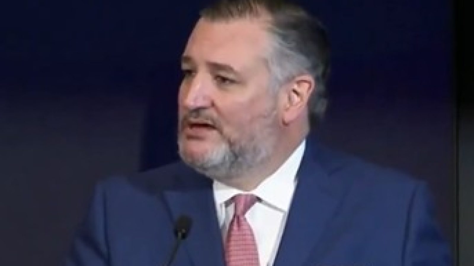 Ted Cruz delivering a speech at a podium, wearing a blue suit and pink tie, addressing an audience with a serious expression.