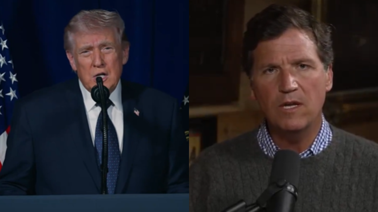 Donald Trump speaking at a podium with an American flag backdrop alongside Tucker Carlson in a casual setting, both addressing political topics.