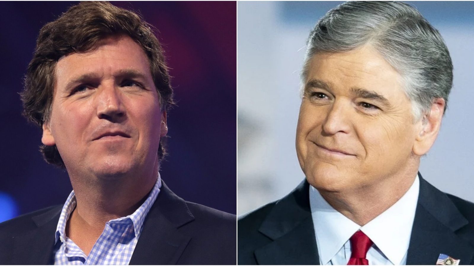 Two prominent television personalities, Tucker Carlson and Sean Hannity, are shown in separate images, both known for their roles in political commentary.