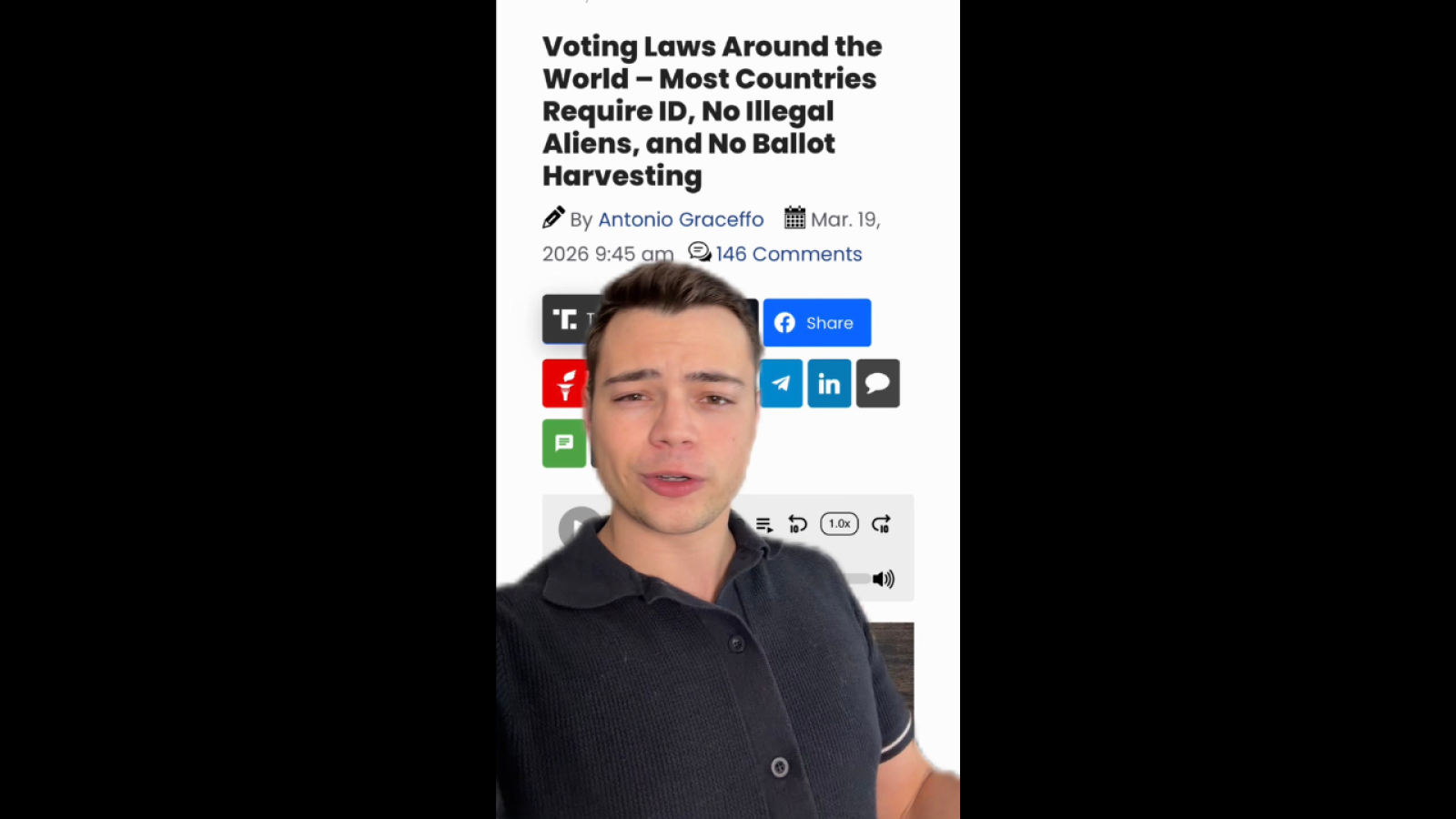 Person discussing global voting laws, emphasizing the need for ID, the absence of illegal aliens, and prohibiting ballot harvesting.