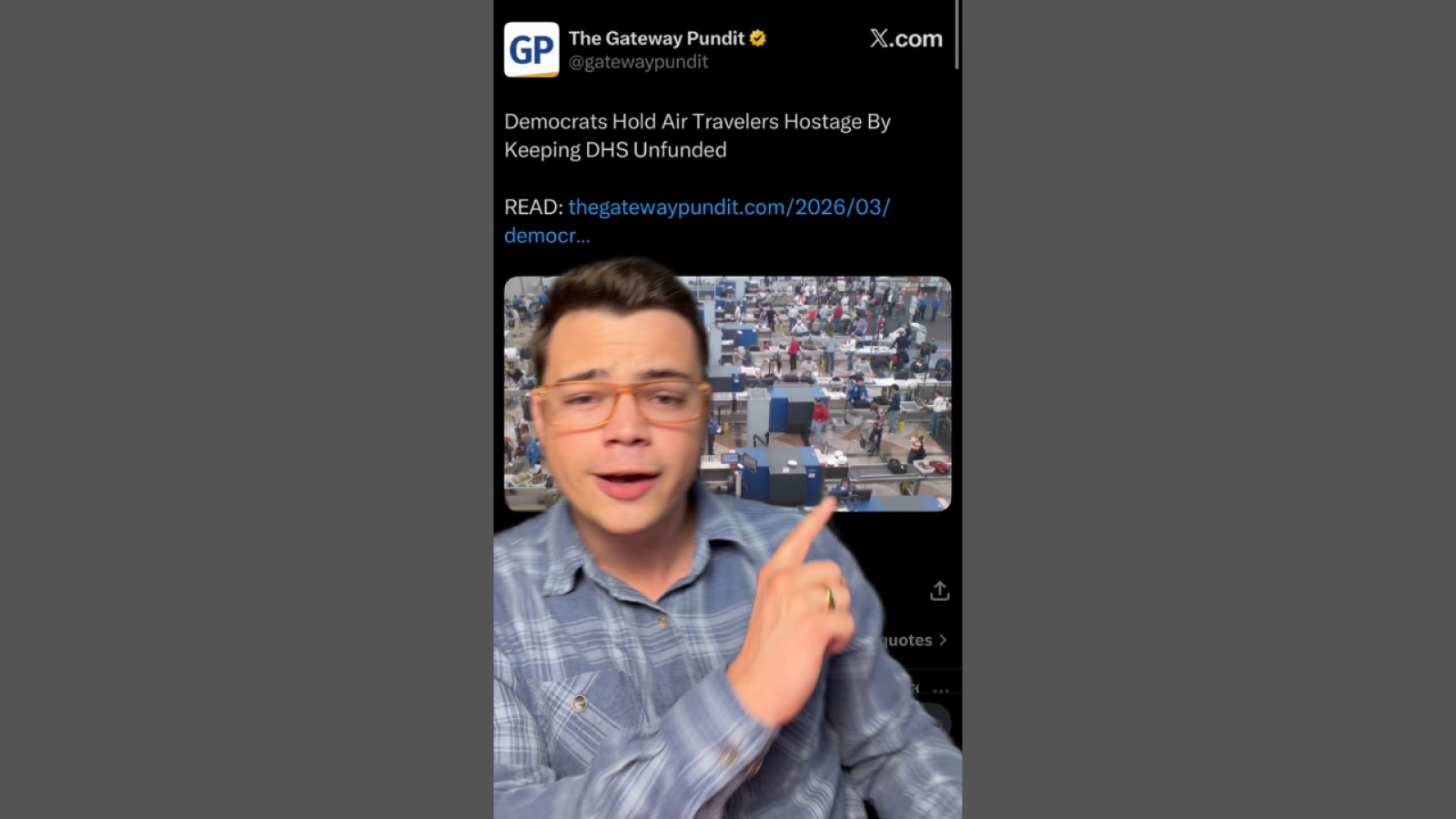 Person pointing at an image of crowded airport security lines, discussing political issues related to air travel and government funding.