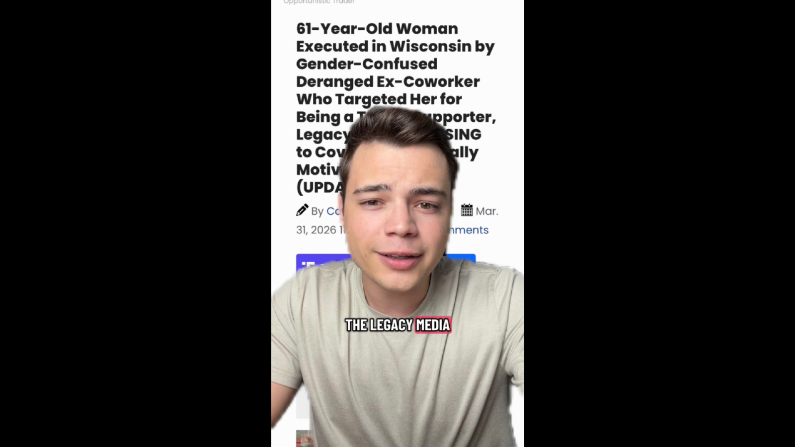 Young man discussing a news article about a violent crime in Wisconsin, highlighting issues related to gender identity and media coverage.