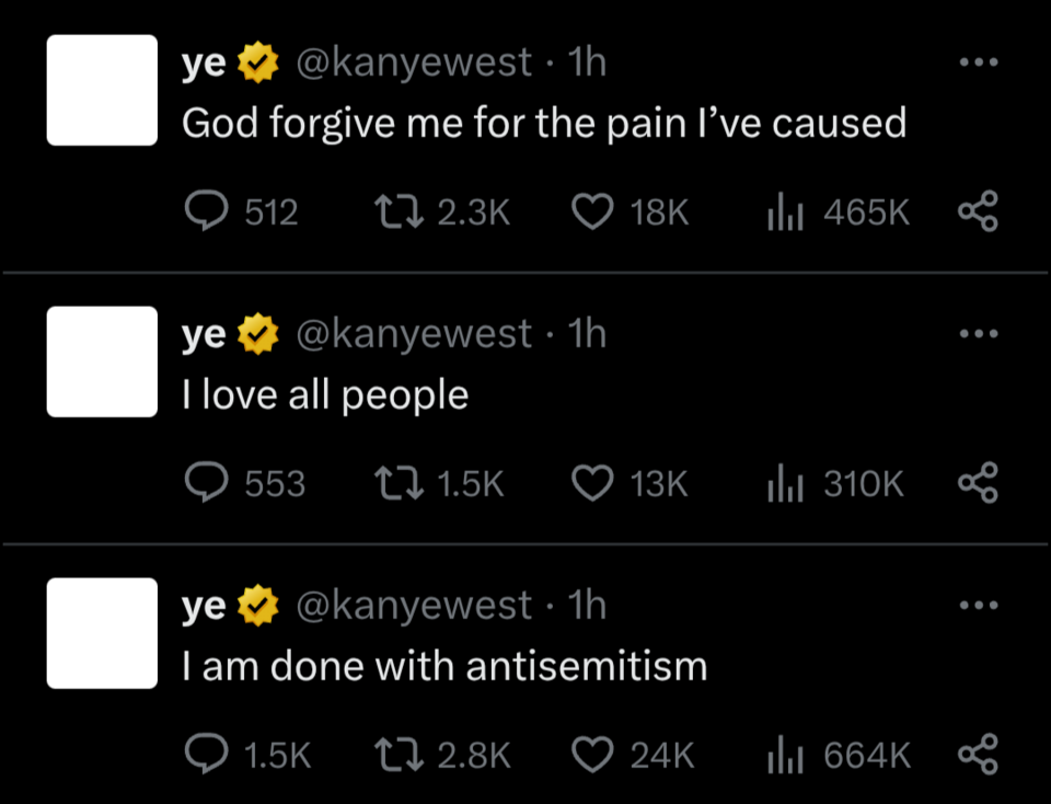 Tweets from Kanye West addressing personal accountability, love for all people, and a stance against antisemitism.
