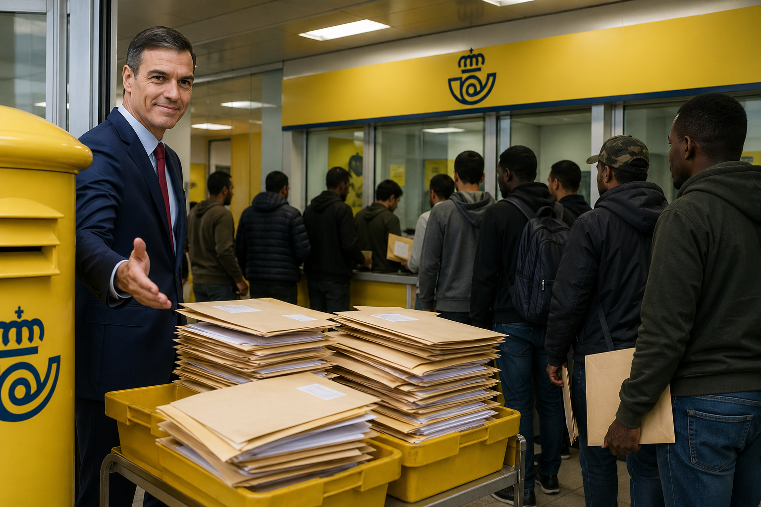 A man in a suit greets customers at a postal service location with stacked envelopes and a yellow mailbox in the foreground.