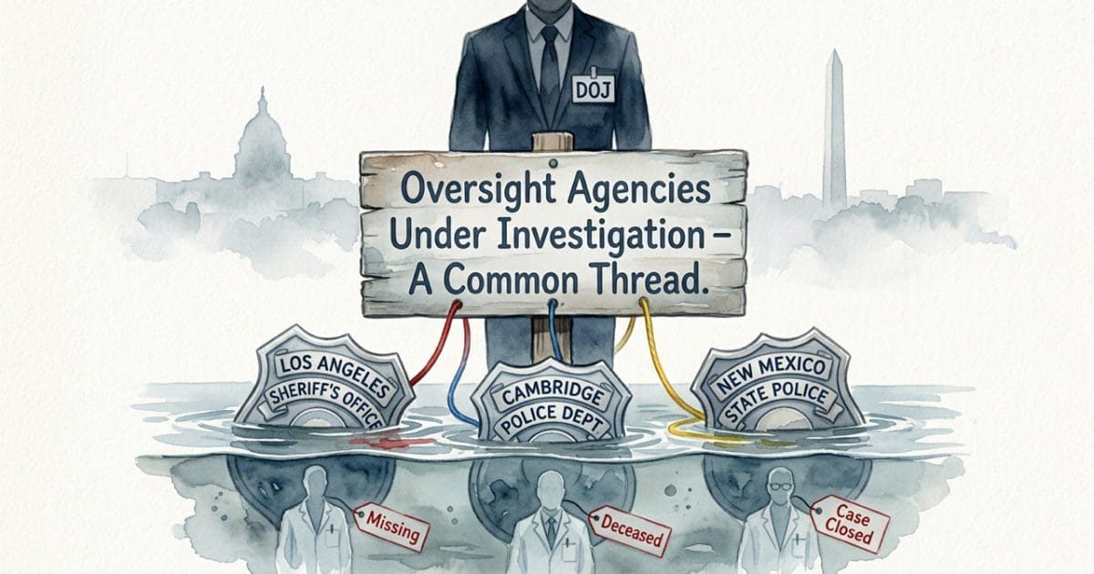 Illustration depicting oversight agencies under investigation, featuring signs for Los Angeles Sheriff's Office, Cambridge Police Department, and New Mexico State Police, with themes of missing and deceased individuals.