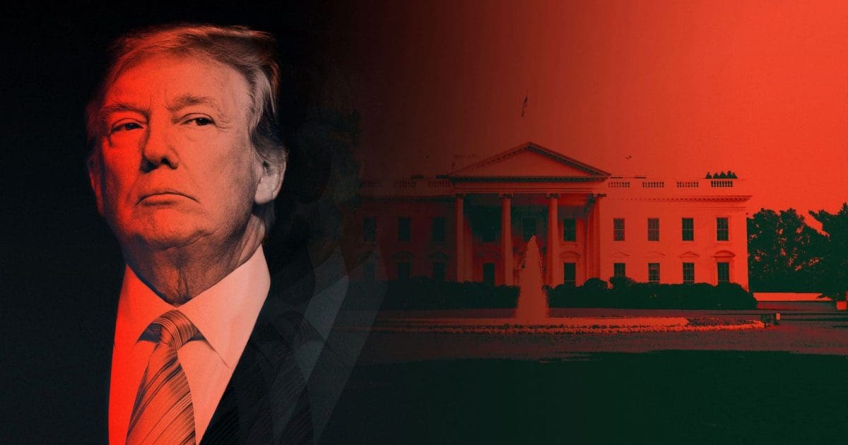 Portrait of a serious man in front of the White House, featuring a dramatic red and black color scheme, symbolizing political tension.