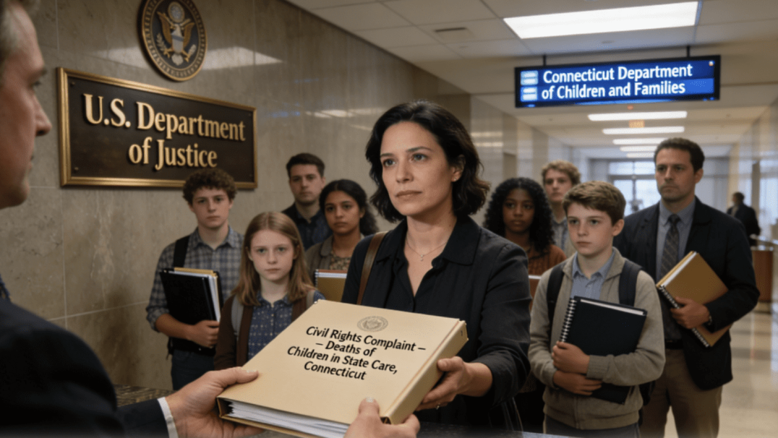 A woman presents a civil rights complaint to officials at the U.S. Department of Justice regarding the deaths of children in state care in Connecticut.