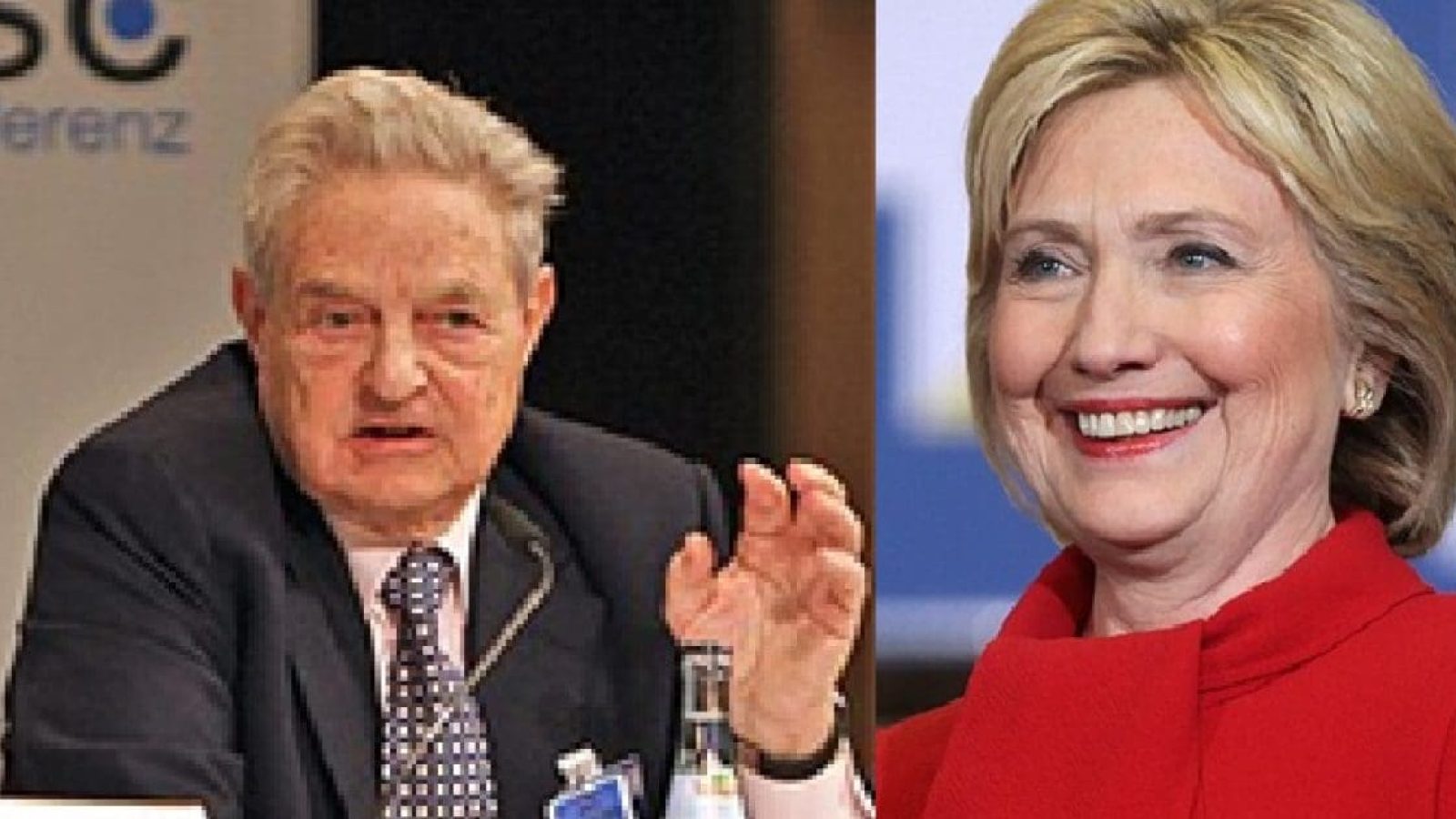 George Soros speaking at a conference alongside Hillary Clinton smiling at an event, highlighting their prominent roles in politics and philanthropy.