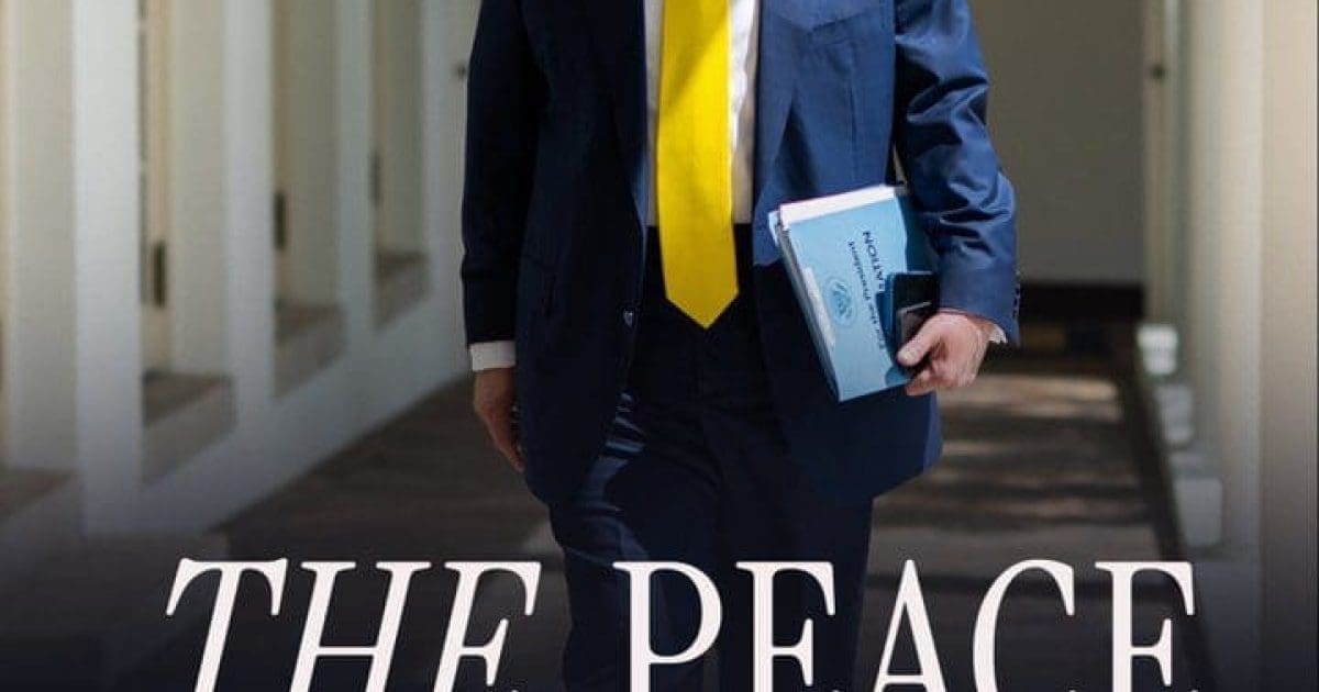Man in a suit and yellow tie walks confidently with a book in hand, set against a bright corridor.
