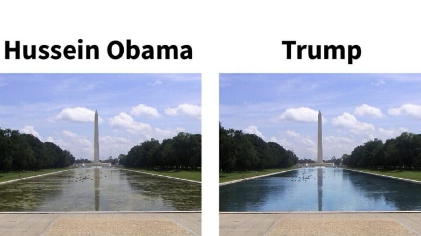 Comparison of two images showing the reflecting pool and Washington Monument during the presidencies of Obama and Trump, highlighting differences in water clarity.
