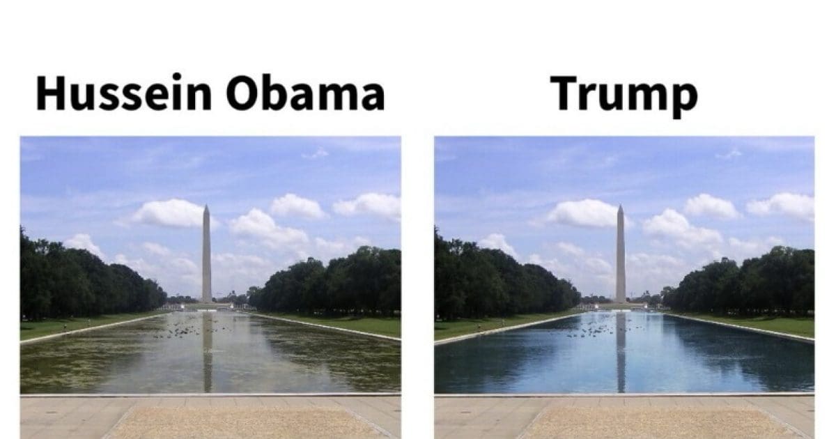 Comparison of two images showing the reflecting pool and Washington Monument during the presidencies of Obama and Trump, highlighting differences in water clarity.