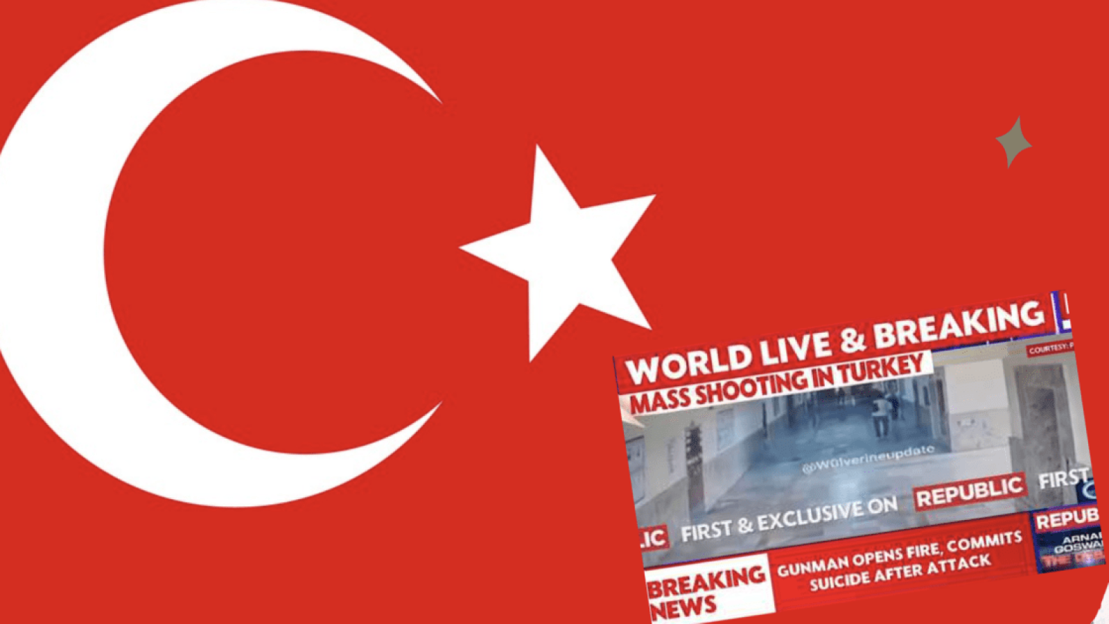 Breaking news graphic featuring the Turkish flag and a report on a mass shooting incident in Turkey, highlighting urgent updates and details.