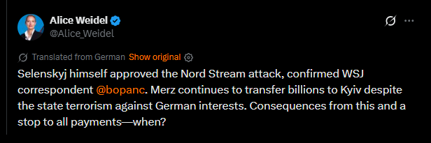 Tweet by Alice Weidel discussing the Nord Stream attack approval by Selenskyj and financial transfers to Kyiv amid concerns for German interests.