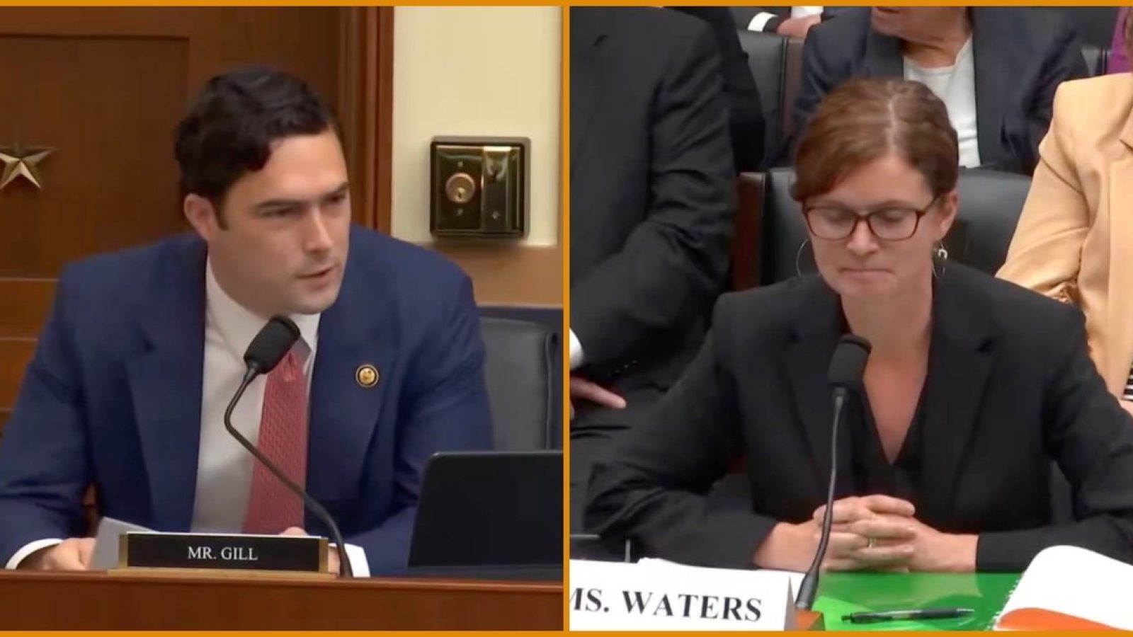 Congressional hearing featuring Mr. Gill and Ms. Waters discussing key issues, highlighting their engagement and the importance of the dialogue.