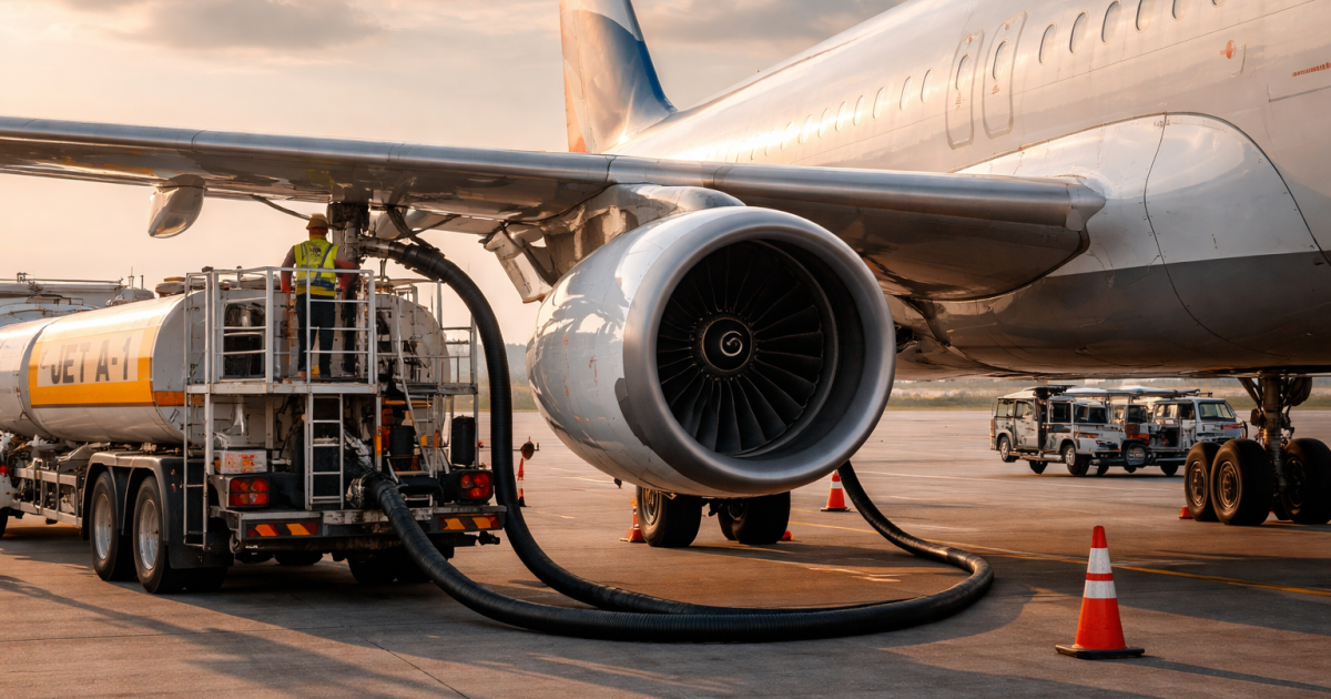 Aircraft fueling process at an airport, showcasing a fuel truck connected to the engine with hoses and a worker in safety gear.
