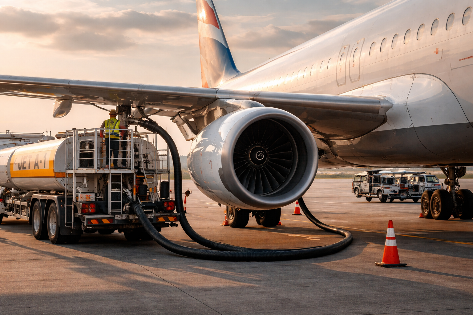 Aircraft fueling process at an airport, showcasing a fuel truck connected to the engine with hoses and a worker in safety gear.