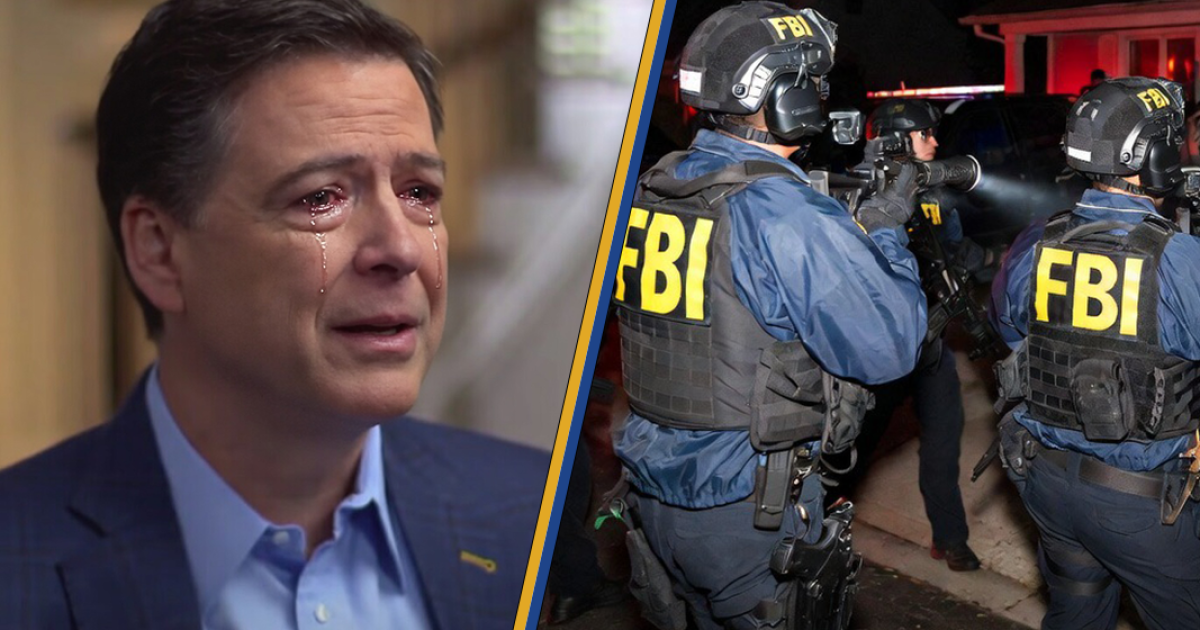 Emotional scene of a man with tears, juxtaposed with FBI agents in tactical gear responding to a situation during nighttime operations.