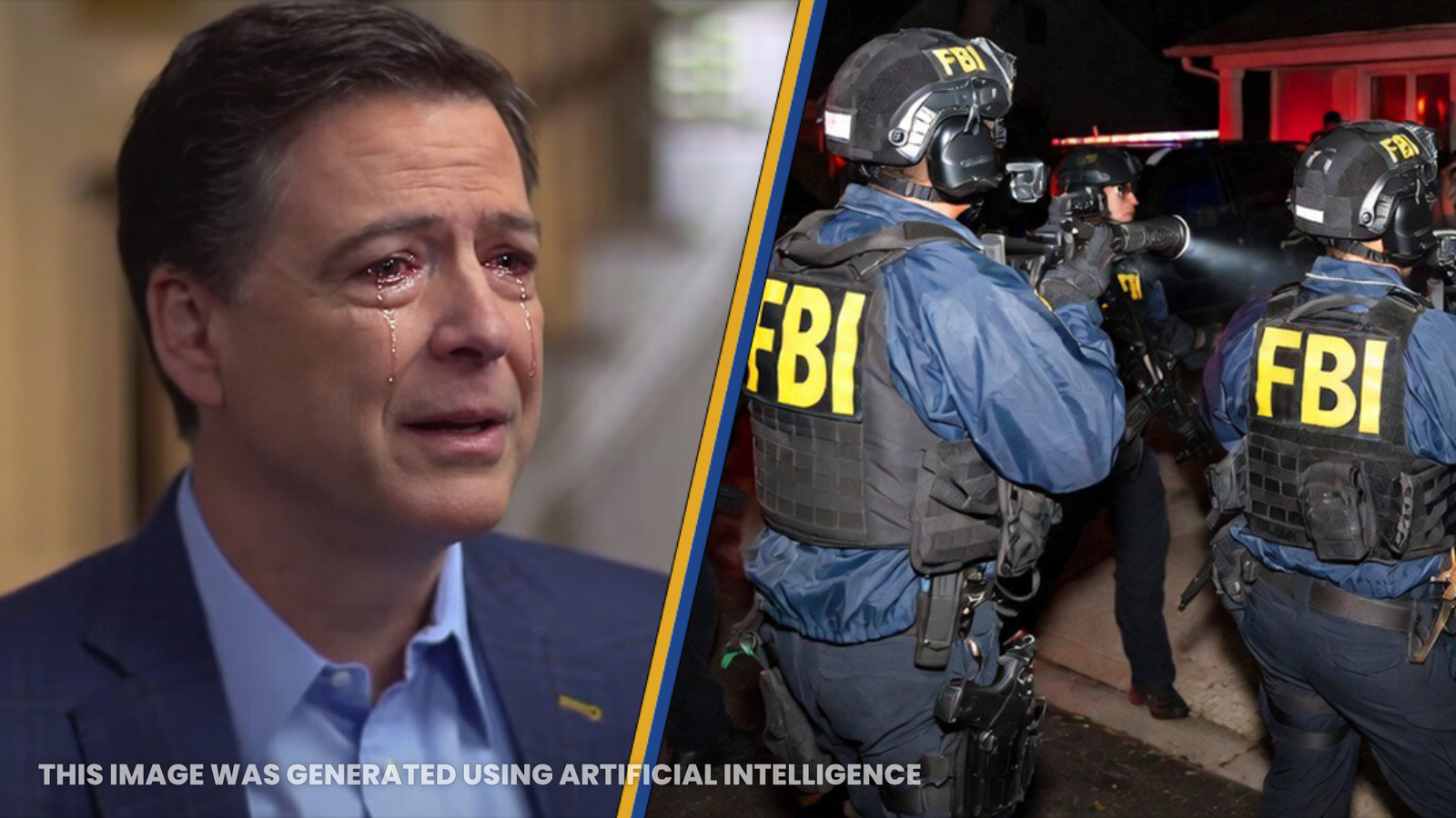 Emotional scene of a man with tears, juxtaposed with FBI agents in tactical gear responding to a situation during nighttime operations.
